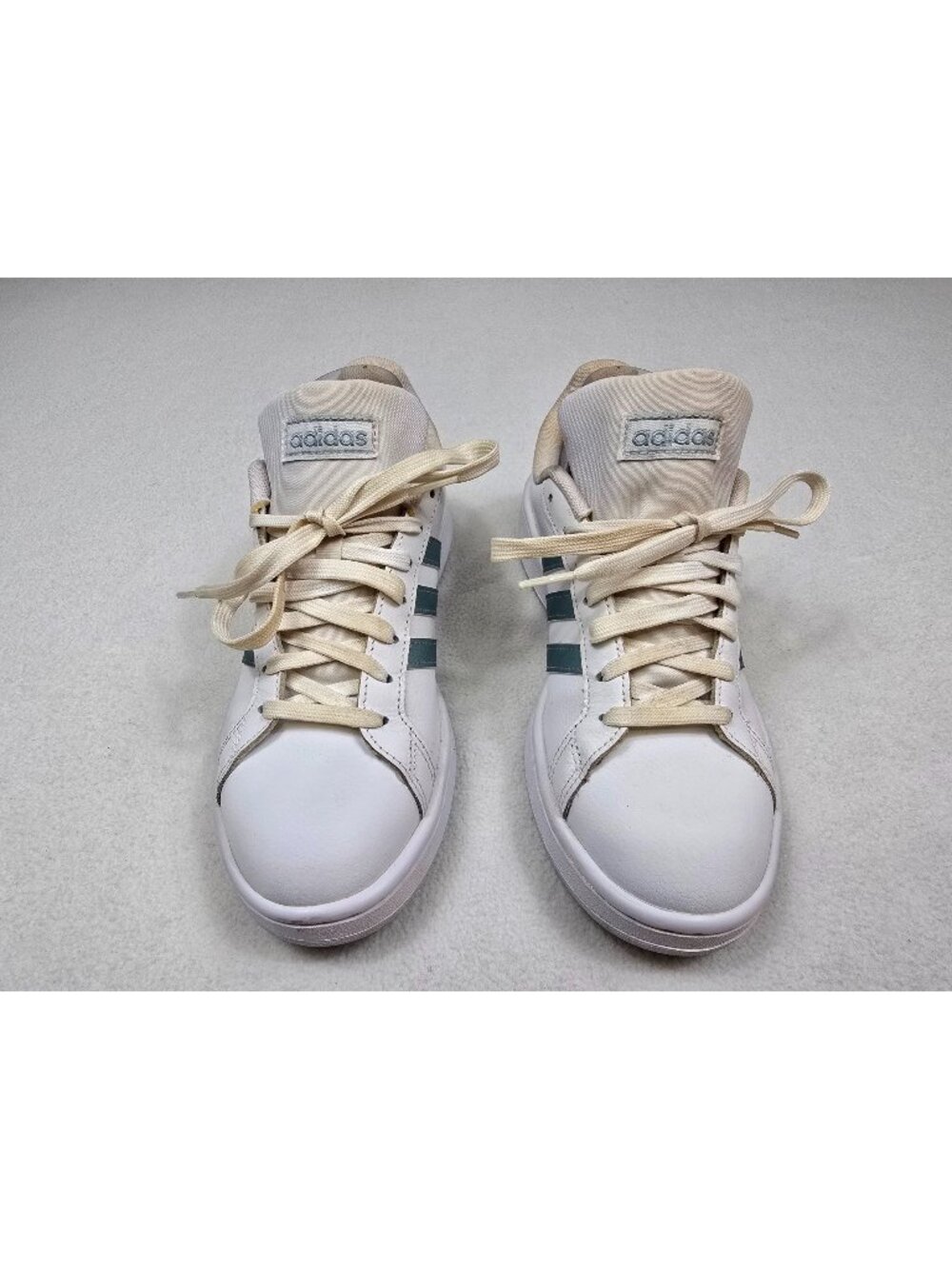 Adidas Cloudfoam Comfort White Sneakers Metallic Blue Stripes Womens Size 7